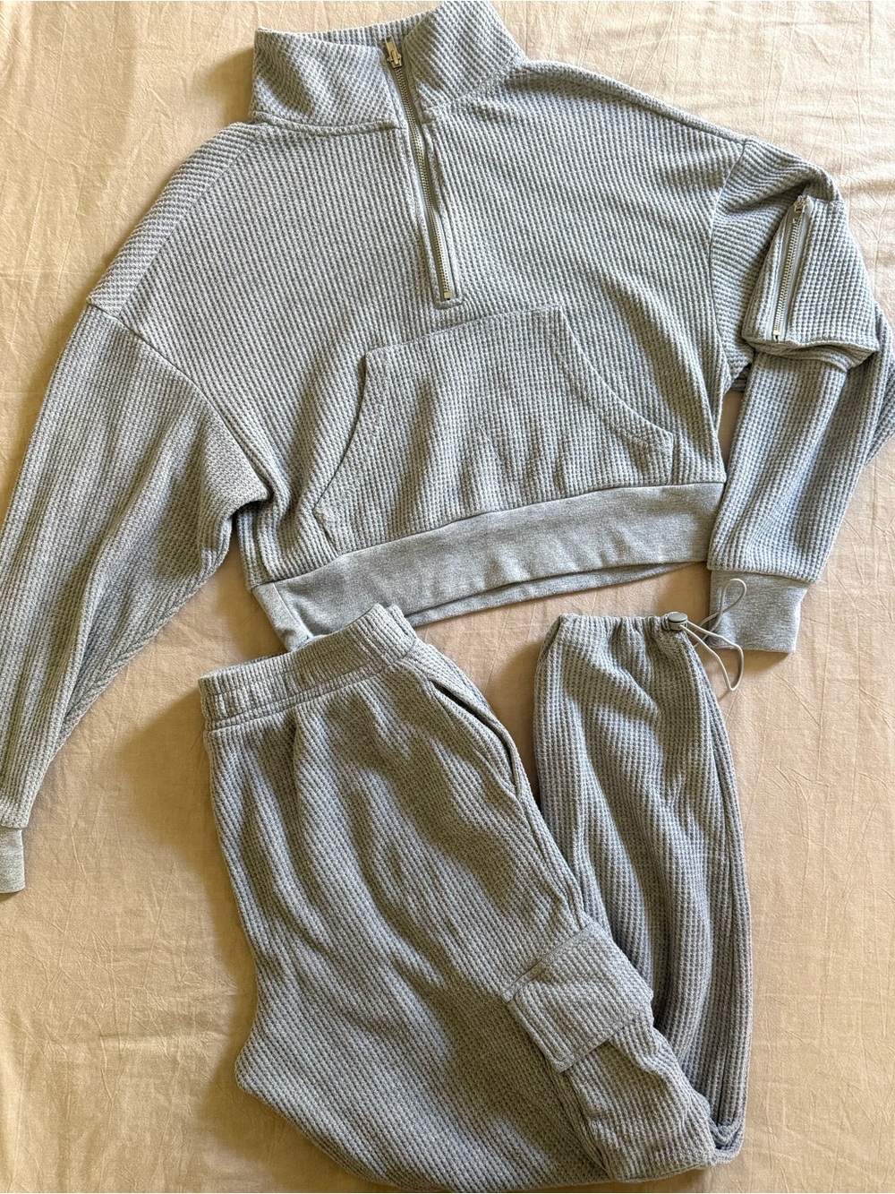Light Gray Waffle Knit Half-Zip Sweatshirt & Jogger Set